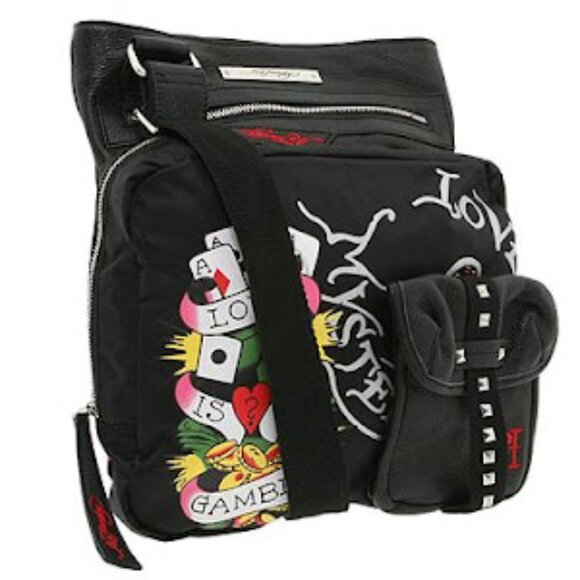 Ed Hardy Dark Purple Love Mystery/Love Gamble Black Messenger Bag - Picture 1 of 8